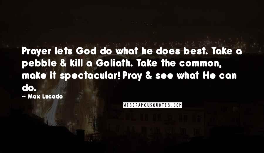 Max Lucado Quotes: Prayer lets God do what he does best. Take a pebble & kill a Goliath. Take the common, make it spectacular! Pray & see what He can do.