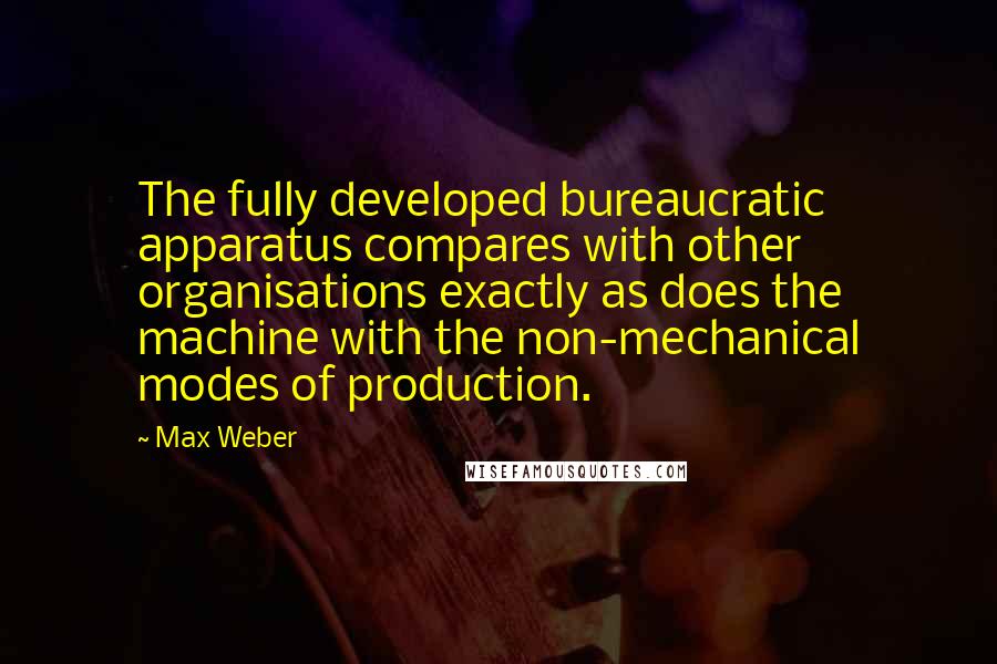 Max Weber Quotes: The fully developed bureaucratic apparatus compares with other organisations exactly as does the machine with the non-mechanical modes of production.