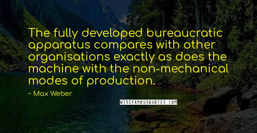 Max Weber Quotes: The fully developed bureaucratic apparatus compares with other organisations exactly as does the machine with the non-mechanical modes of production.