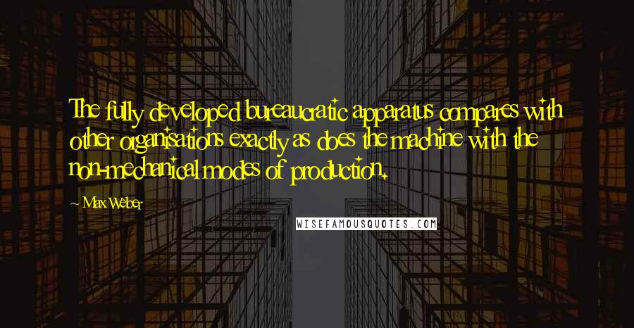 Max Weber Quotes: The fully developed bureaucratic apparatus compares with other organisations exactly as does the machine with the non-mechanical modes of production.