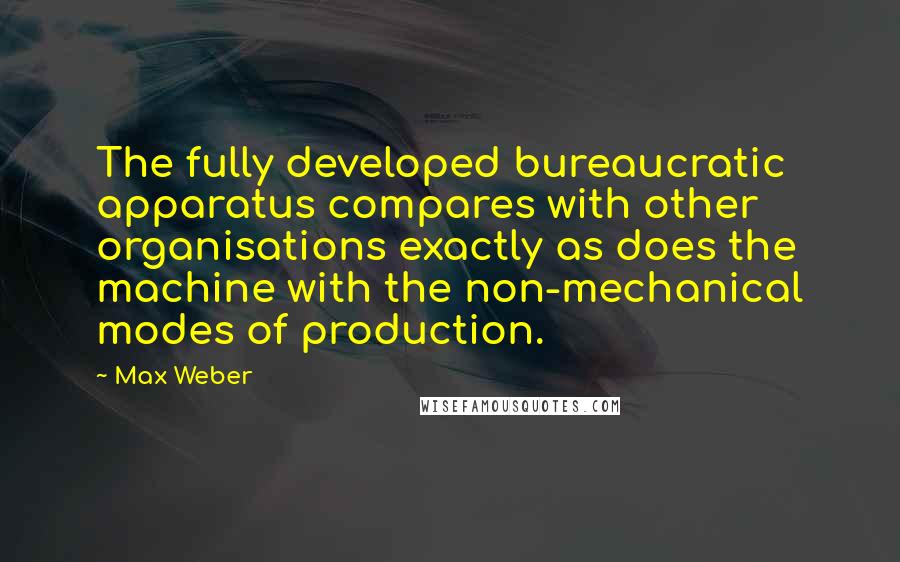 Max Weber Quotes: The fully developed bureaucratic apparatus compares with other organisations exactly as does the machine with the non-mechanical modes of production.