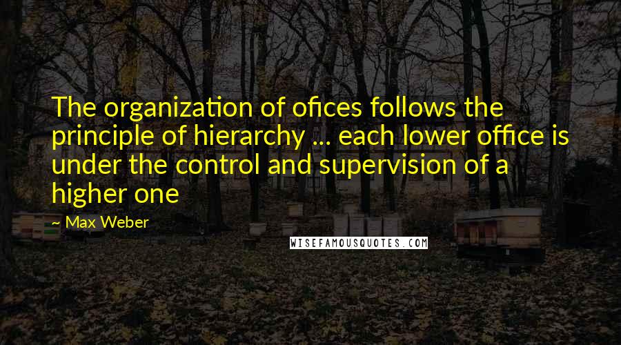 Max Weber Quotes: The organization of ofices follows the principle of hierarchy ... each lower office is under the control and supervision of a higher one