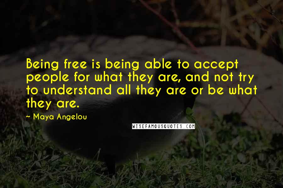 Maya Angelou Quotes: Being free is being able to accept people for what they are, and not try to understand all they are or be what they are.