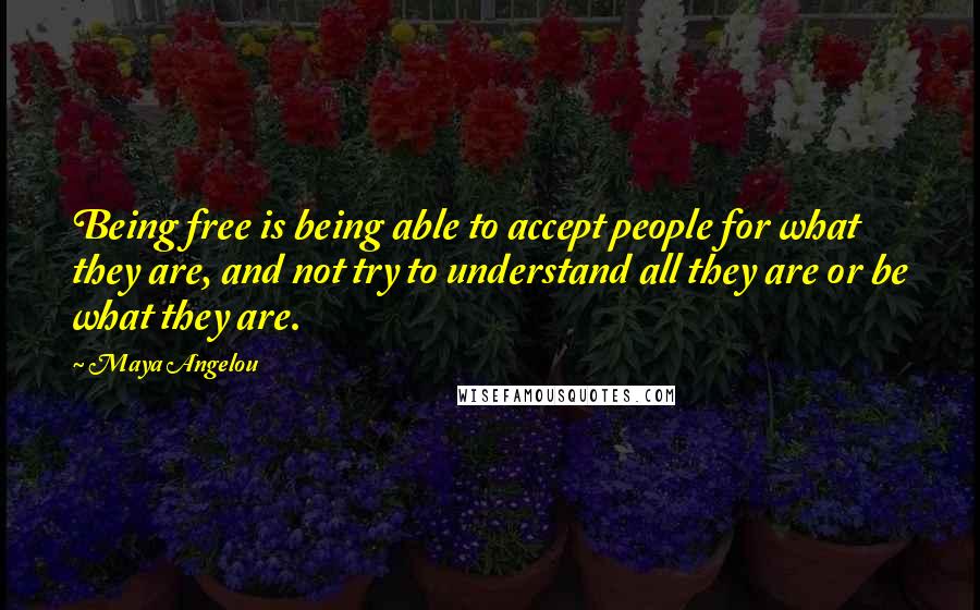 Maya Angelou Quotes: Being free is being able to accept people for what they are, and not try to understand all they are or be what they are.