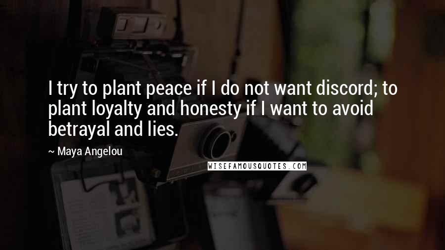 Maya Angelou Quotes: I try to plant peace if I do not want discord; to plant loyalty and honesty if I want to avoid betrayal and lies.