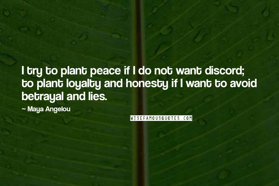 Maya Angelou Quotes: I try to plant peace if I do not want discord; to plant loyalty and honesty if I want to avoid betrayal and lies.