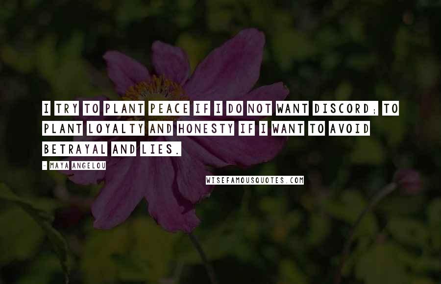 Maya Angelou Quotes: I try to plant peace if I do not want discord; to plant loyalty and honesty if I want to avoid betrayal and lies.