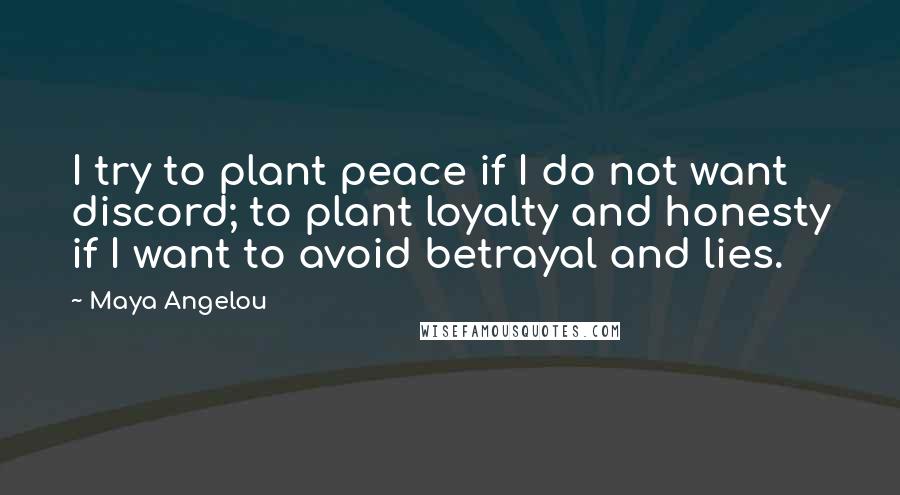 Maya Angelou Quotes: I try to plant peace if I do not want discord; to plant loyalty and honesty if I want to avoid betrayal and lies.