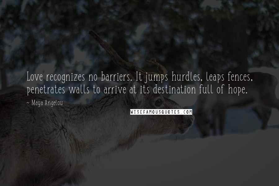 Maya Angelou Quotes: Love recognizes no barriers. It jumps hurdles, leaps fences, penetrates walls to arrive at its destination full of hope.