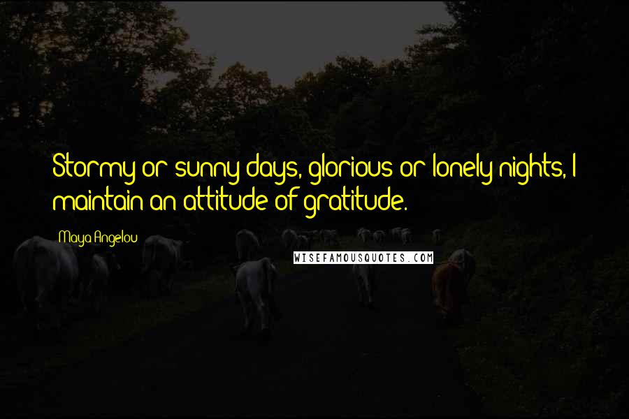 Maya Angelou Quotes: Stormy or sunny days, glorious or lonely nights, I maintain an attitude of gratitude.