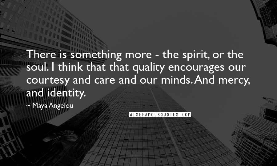 Maya Angelou Quotes: There is something more - the spirit, or the soul. I think that that quality encourages our courtesy and care and our minds. And mercy, and identity.