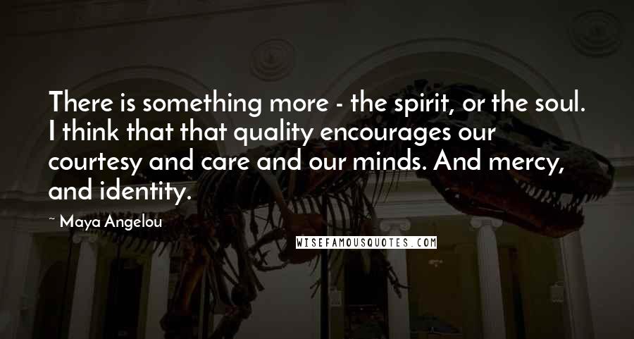 Maya Angelou Quotes: There is something more - the spirit, or the soul. I think that that quality encourages our courtesy and care and our minds. And mercy, and identity.