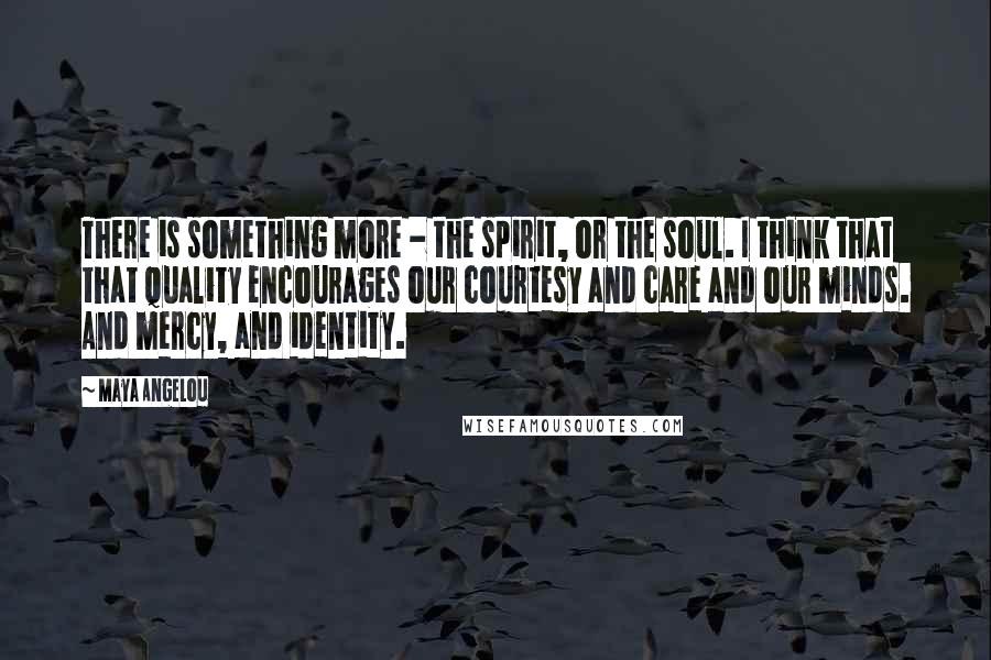 Maya Angelou Quotes: There is something more - the spirit, or the soul. I think that that quality encourages our courtesy and care and our minds. And mercy, and identity.