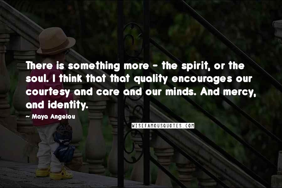 Maya Angelou Quotes: There is something more - the spirit, or the soul. I think that that quality encourages our courtesy and care and our minds. And mercy, and identity.