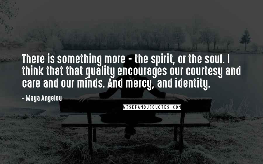 Maya Angelou Quotes: There is something more - the spirit, or the soul. I think that that quality encourages our courtesy and care and our minds. And mercy, and identity.