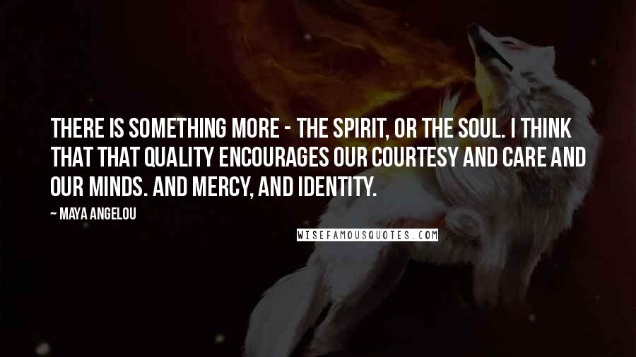 Maya Angelou Quotes: There is something more - the spirit, or the soul. I think that that quality encourages our courtesy and care and our minds. And mercy, and identity.