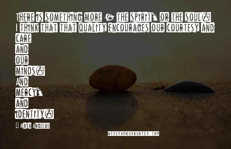 Maya Angelou Quotes: There is something more - the spirit, or the soul. I think that that quality encourages our courtesy and care and our minds. And mercy, and identity.