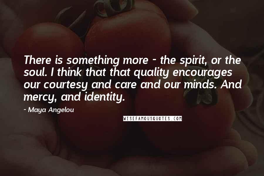 Maya Angelou Quotes: There is something more - the spirit, or the soul. I think that that quality encourages our courtesy and care and our minds. And mercy, and identity.