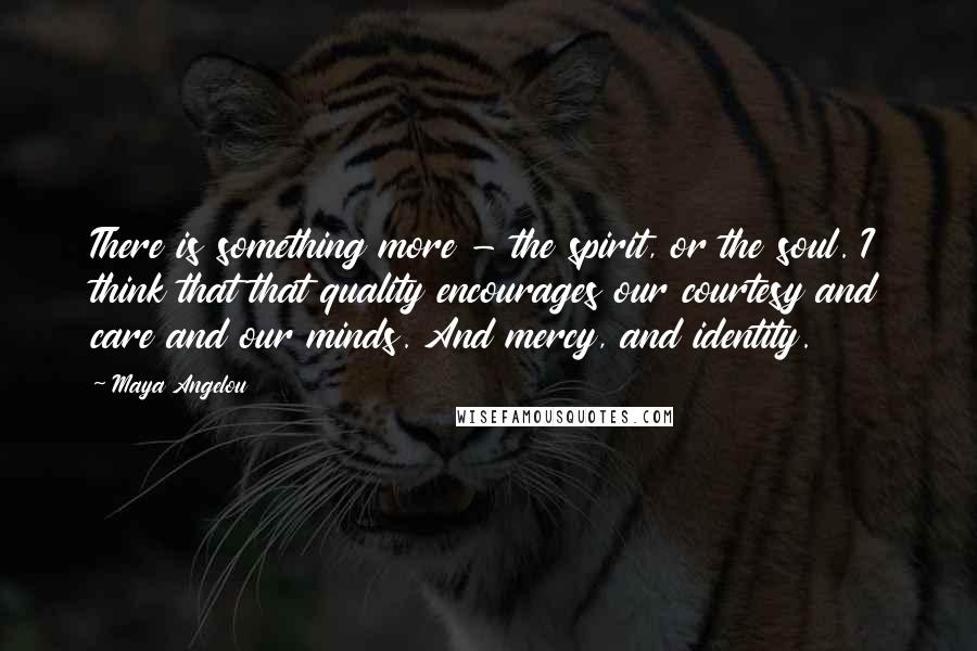 Maya Angelou Quotes: There is something more - the spirit, or the soul. I think that that quality encourages our courtesy and care and our minds. And mercy, and identity.