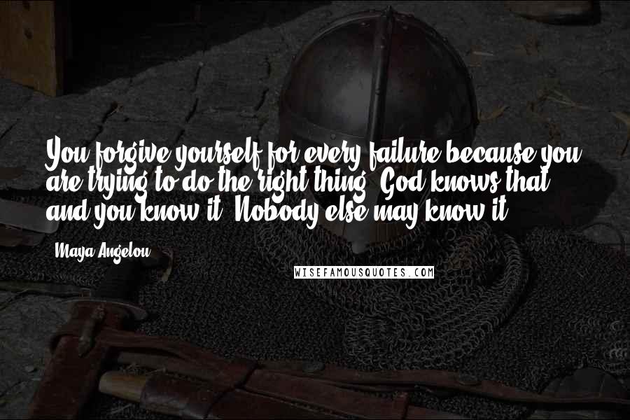 Maya Angelou Quotes: You forgive yourself for every failure because you are trying to do the right thing. God knows that and you know it. Nobody else may know it.