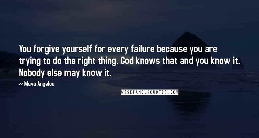 Maya Angelou Quotes: You forgive yourself for every failure because you are trying to do the right thing. God knows that and you know it. Nobody else may know it.