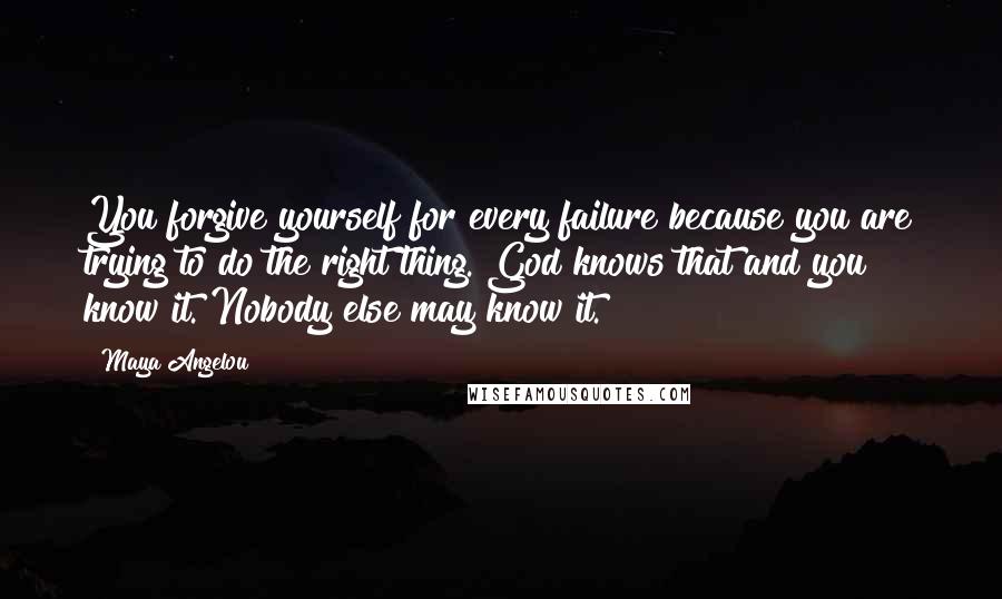 Maya Angelou Quotes: You forgive yourself for every failure because you are trying to do the right thing. God knows that and you know it. Nobody else may know it.
