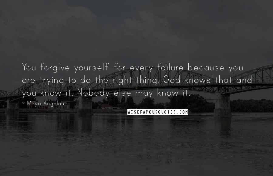 Maya Angelou Quotes: You forgive yourself for every failure because you are trying to do the right thing. God knows that and you know it. Nobody else may know it.