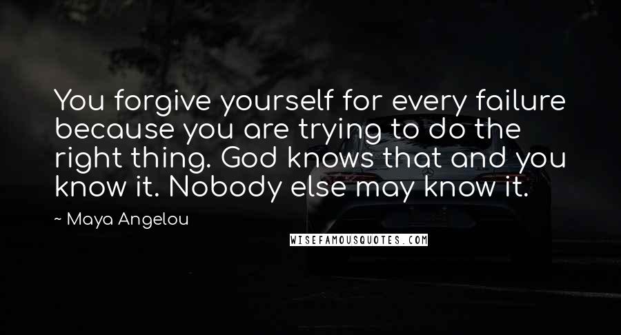 Maya Angelou Quotes: You forgive yourself for every failure because you are trying to do the right thing. God knows that and you know it. Nobody else may know it.