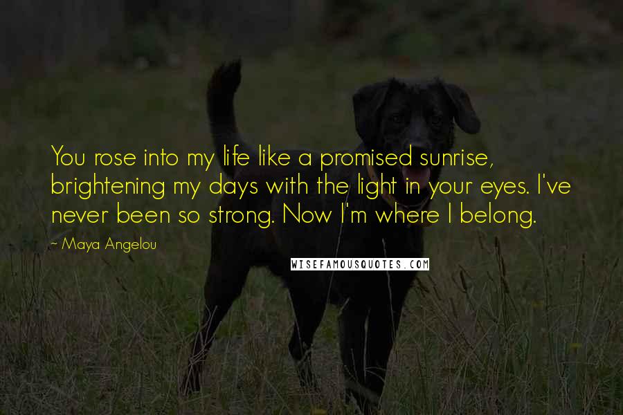 Maya Angelou Quotes: You rose into my life like a promised sunrise, brightening my days with the light in your eyes. I've never been so strong. Now I'm where I belong.