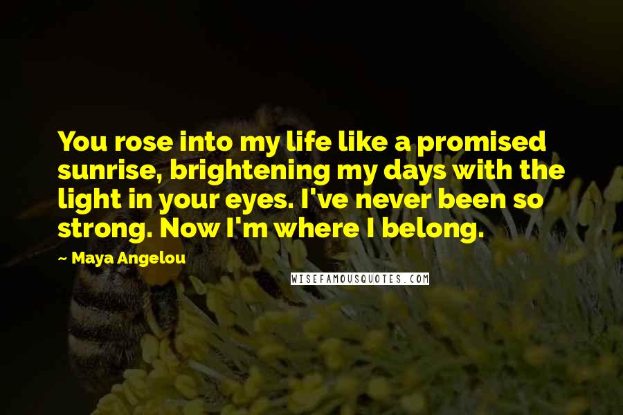 Maya Angelou Quotes: You rose into my life like a promised sunrise, brightening my days with the light in your eyes. I've never been so strong. Now I'm where I belong.
