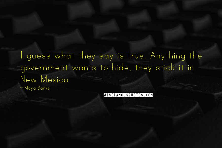 Maya Banks Quotes: I guess what they say is true. Anything the government wants to hide, they stick it in New Mexico