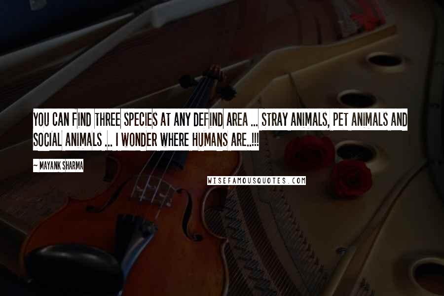 Mayank Sharma Quotes: You can find three species at any defind area ... Stray animals, pet animals and SOCIAL animals ... I wonder where HUMANS are..!!!