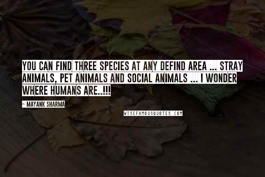 Mayank Sharma Quotes: You can find three species at any defind area ... Stray animals, pet animals and SOCIAL animals ... I wonder where HUMANS are..!!!
