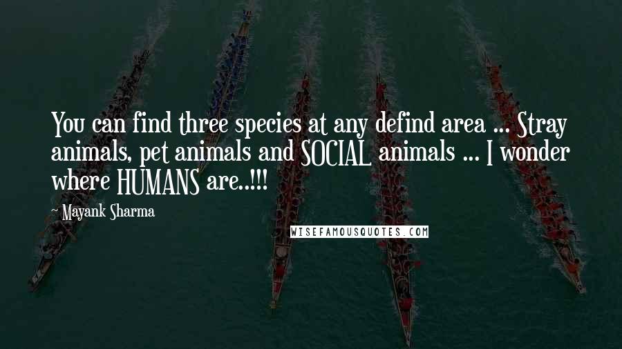 Mayank Sharma Quotes: You can find three species at any defind area ... Stray animals, pet animals and SOCIAL animals ... I wonder where HUMANS are..!!!
