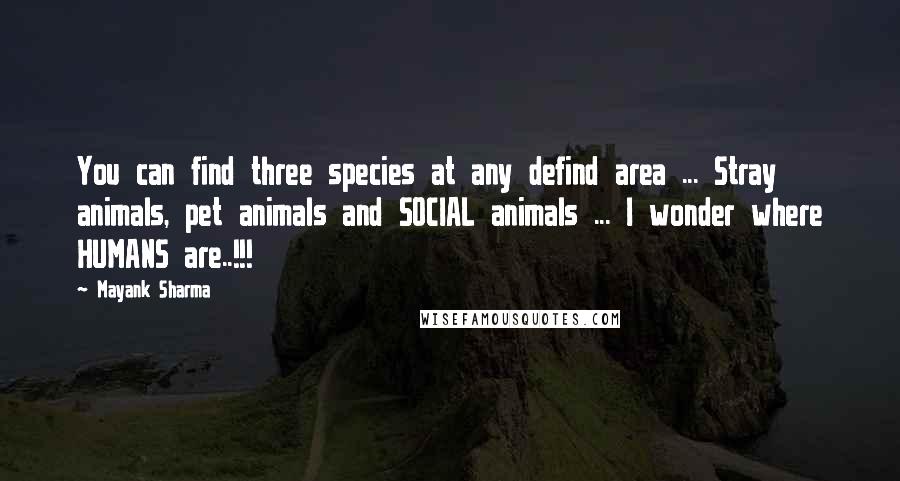 Mayank Sharma Quotes: You can find three species at any defind area ... Stray animals, pet animals and SOCIAL animals ... I wonder where HUMANS are..!!!