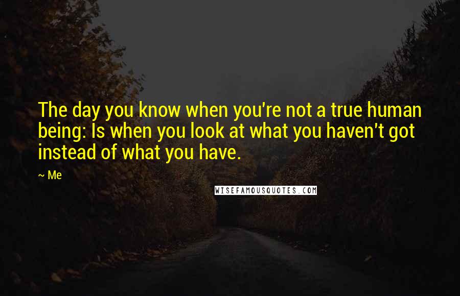 Me Quotes: The day you know when you're not a true human being: Is when you look at what you haven't got instead of what you have.