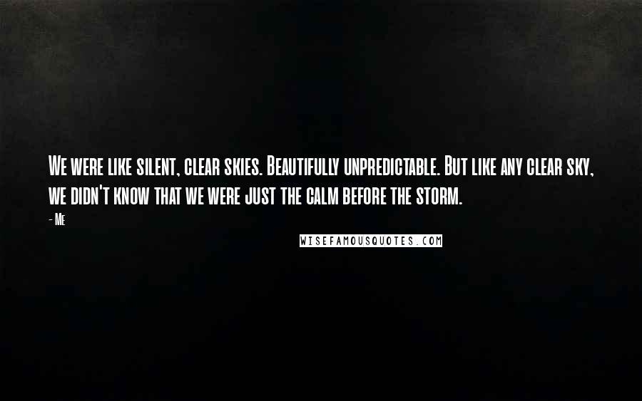 Me Quotes: We were like silent, clear skies. Beautifully unpredictable. But like any clear sky, we didn't know that we were just the calm before the storm.