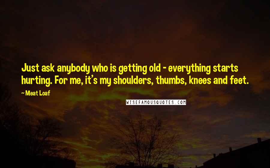 Meat Loaf Quotes: Just ask anybody who is getting old - everything starts hurting. For me, it's my shoulders, thumbs, knees and feet.