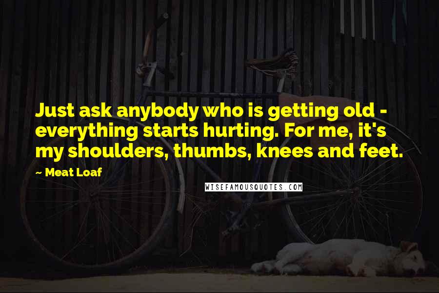 Meat Loaf Quotes: Just ask anybody who is getting old - everything starts hurting. For me, it's my shoulders, thumbs, knees and feet.