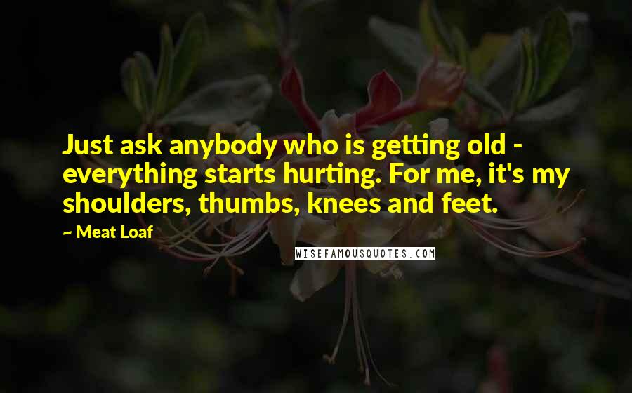 Meat Loaf Quotes: Just ask anybody who is getting old - everything starts hurting. For me, it's my shoulders, thumbs, knees and feet.