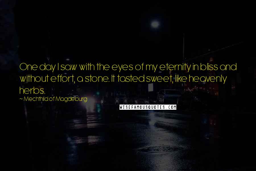 Mechthild Of Magdeburg Quotes: One day I saw with the eyes of my eternity in bliss and without effort, a stone. It tasted sweet, like heavenly herbs.