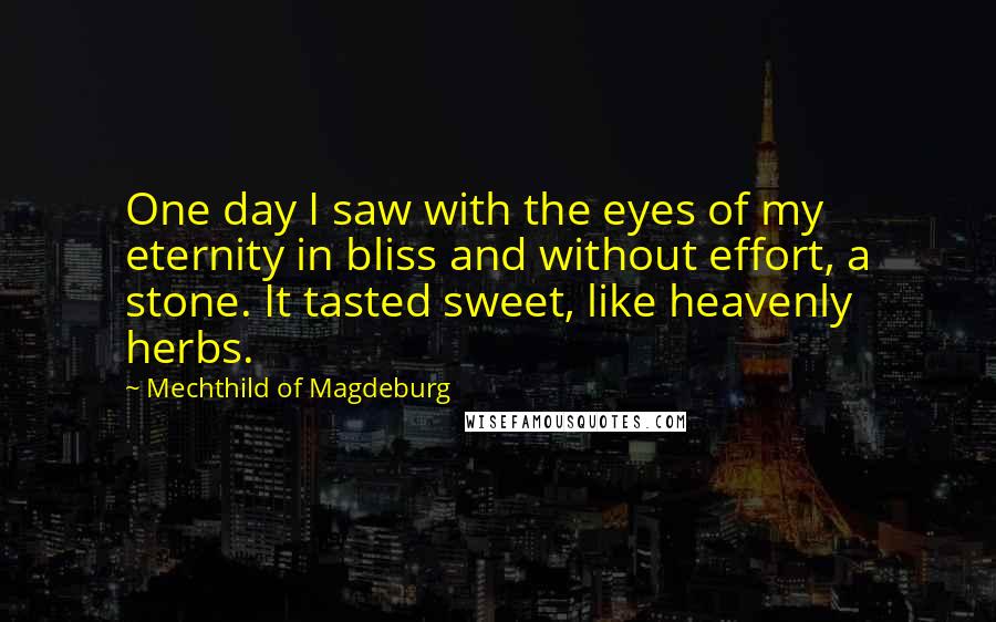 Mechthild Of Magdeburg Quotes: One day I saw with the eyes of my eternity in bliss and without effort, a stone. It tasted sweet, like heavenly herbs.