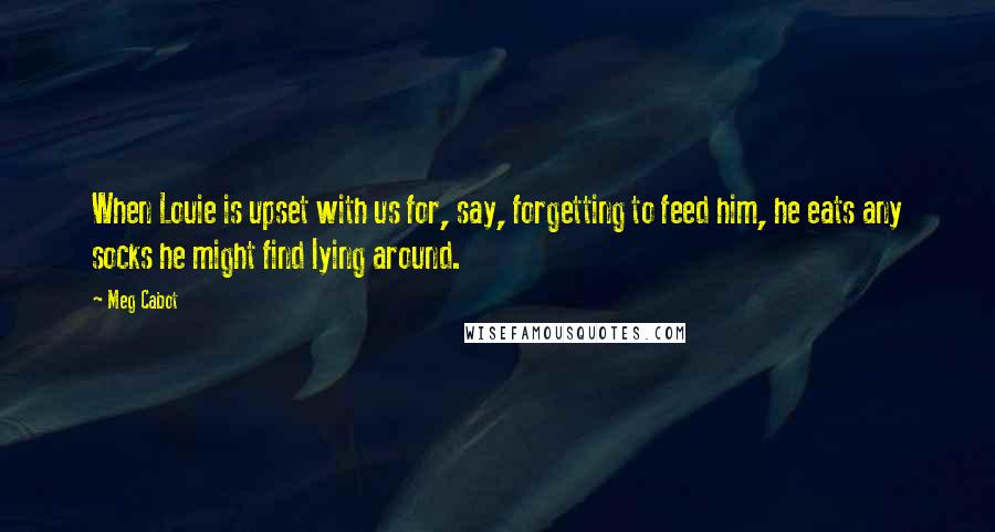 Meg Cabot Quotes: When Louie is upset with us for, say, forgetting to feed him, he eats any socks he might find lying around.