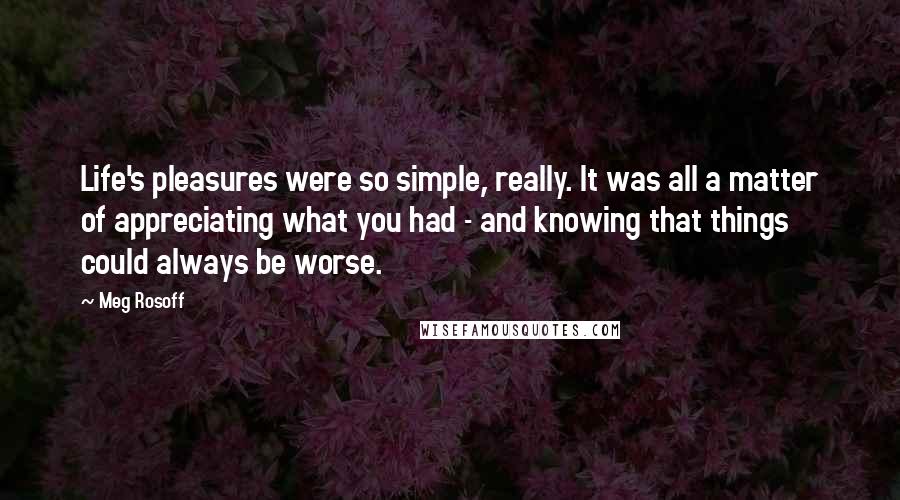 Meg Rosoff Quotes: Life's pleasures were so simple, really. It was all a matter of appreciating what you had - and knowing that things could always be worse.