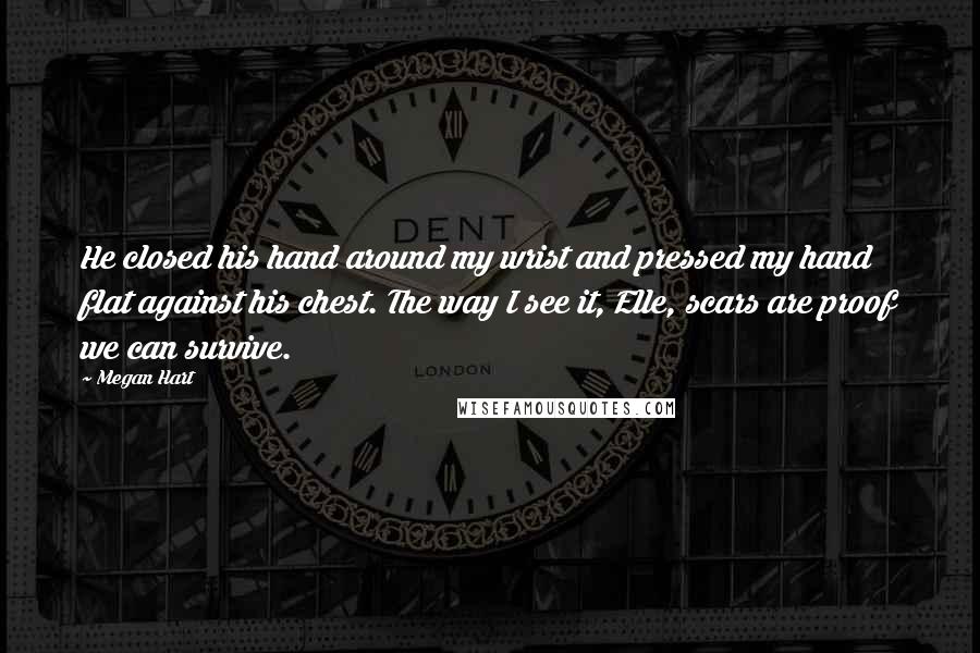 Megan Hart Quotes: He closed his hand around my wrist and pressed my hand flat against his chest. The way I see it, Elle, scars are proof we can survive.