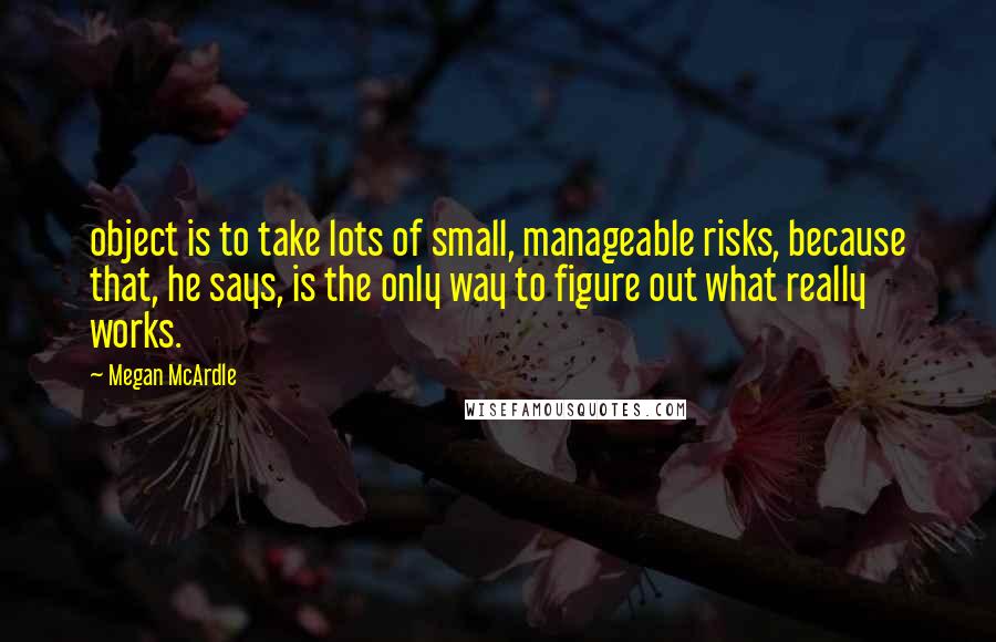 Megan McArdle Quotes: object is to take lots of small, manageable risks, because that, he says, is the only way to figure out what really works.