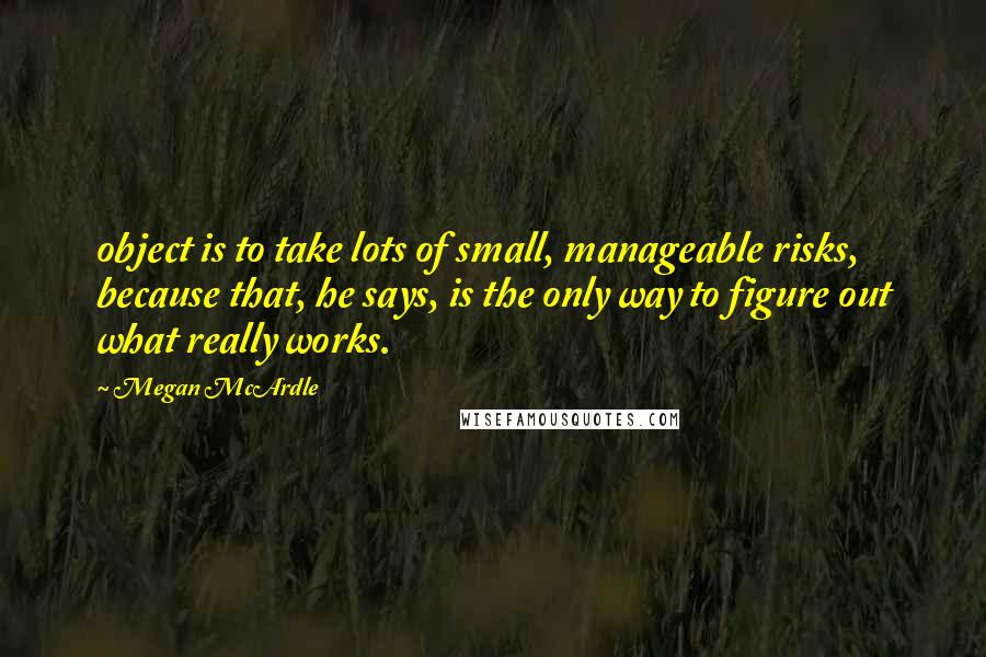 Megan McArdle Quotes: object is to take lots of small, manageable risks, because that, he says, is the only way to figure out what really works.