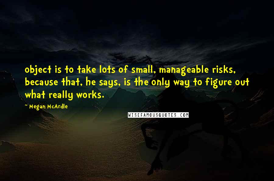 Megan McArdle Quotes: object is to take lots of small, manageable risks, because that, he says, is the only way to figure out what really works.