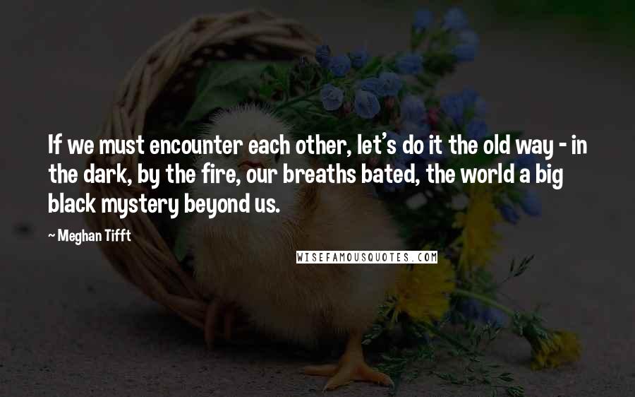 Meghan Tifft Quotes: If we must encounter each other, let's do it the old way - in the dark, by the fire, our breaths bated, the world a big black mystery beyond us.