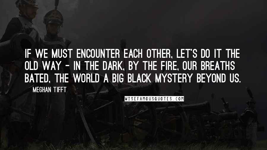 Meghan Tifft Quotes: If we must encounter each other, let's do it the old way - in the dark, by the fire, our breaths bated, the world a big black mystery beyond us.